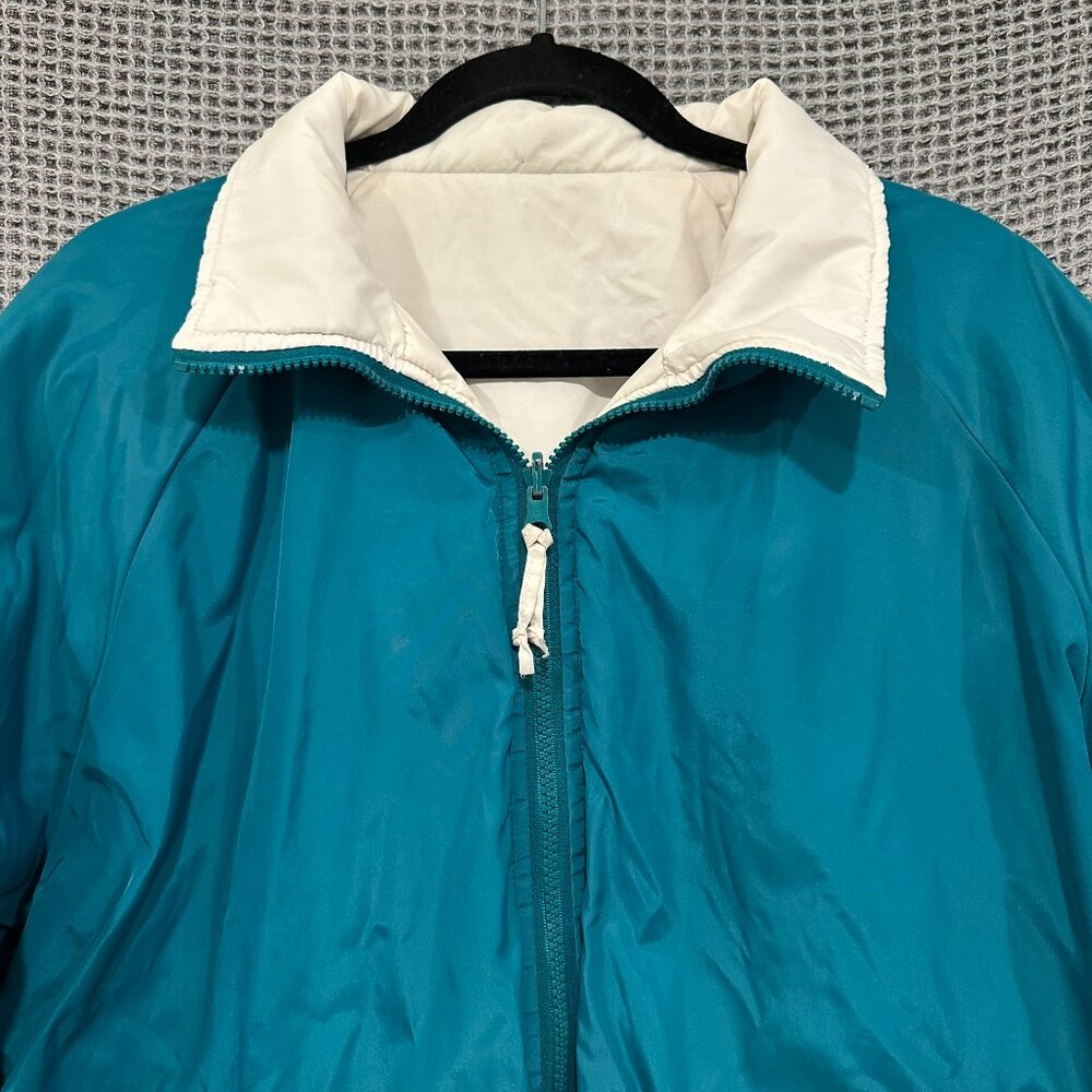 Vintage 90s Y2K Women's Medium Teal and White Reversible Puffer Bomber Jacket - Picture 3 of 12